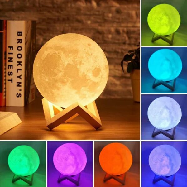 LED Moon Ball Lamp - 3D Printed Lunar Lamp - Battery Powered Colorful - Night Light for Kids