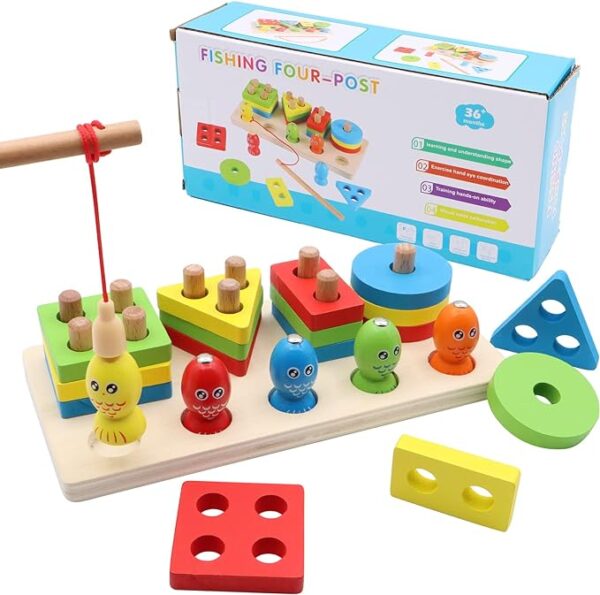 Wooden Fishing Four Post | Geometric Shape Sorter With Magnetic Fishing Game - Image 2