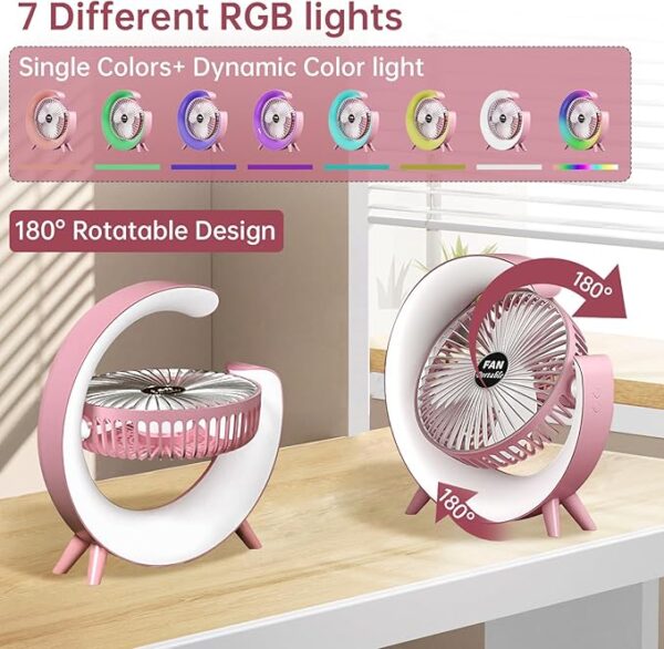 Colorful Deskstop Table Fan with RGB LED Light 3 Speeds G Shape Quiet Fan 180° Adjustable for Office, Home and Outdoor - Image 5