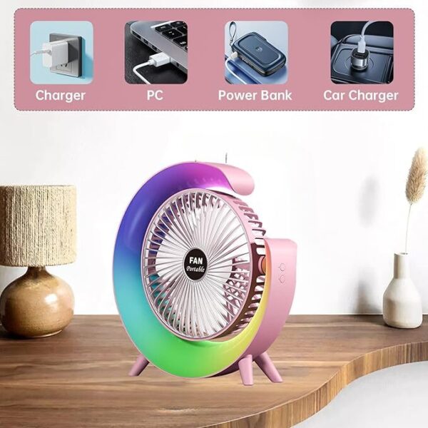 Colorful Deskstop Table Fan with RGB LED Light 3 Speeds G Shape Quiet Fan 180° Adjustable for Office, Home and Outdoor - Image 8