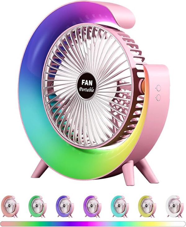 Colorful Deskstop Table Fan with RGB LED Light 3 Speeds G Shape Quiet Fan 180° Adjustable for Office, Home and Outdoor