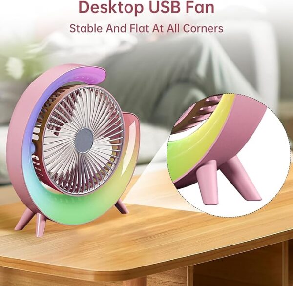 Colorful Deskstop Table Fan with RGB LED Light 3 Speeds G Shape Quiet Fan 180° Adjustable for Office, Home and Outdoor - Image 6